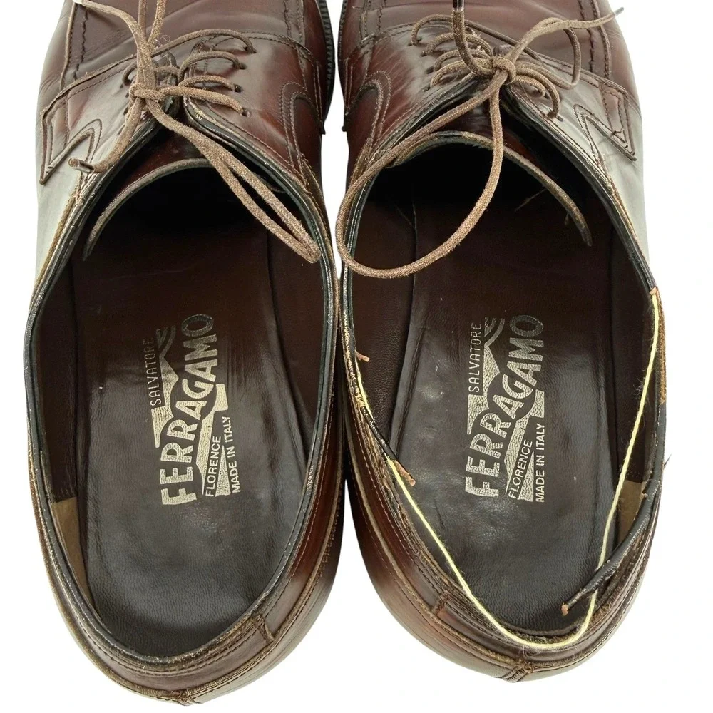 Salvatore Ferragamo Men Brown Leather Apron Toe Derby Dress Shoes 10.5 D Lace Up